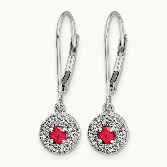 Diamond Halo Ruby Leverback Dangle Earrings, 14K White Gold