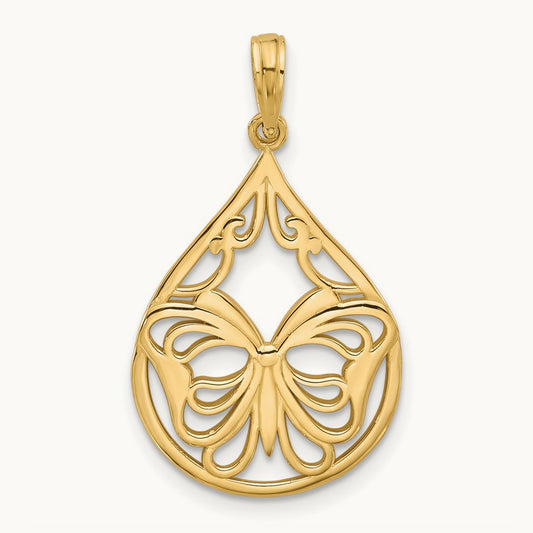 Polished Fancy Butterfly Teardrop Charm, 14K