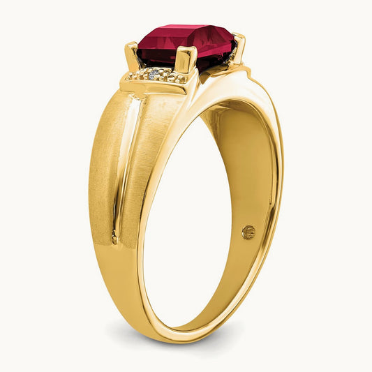 Emerald-cut Created Ruby and Diamond Mens Ring, 14K
