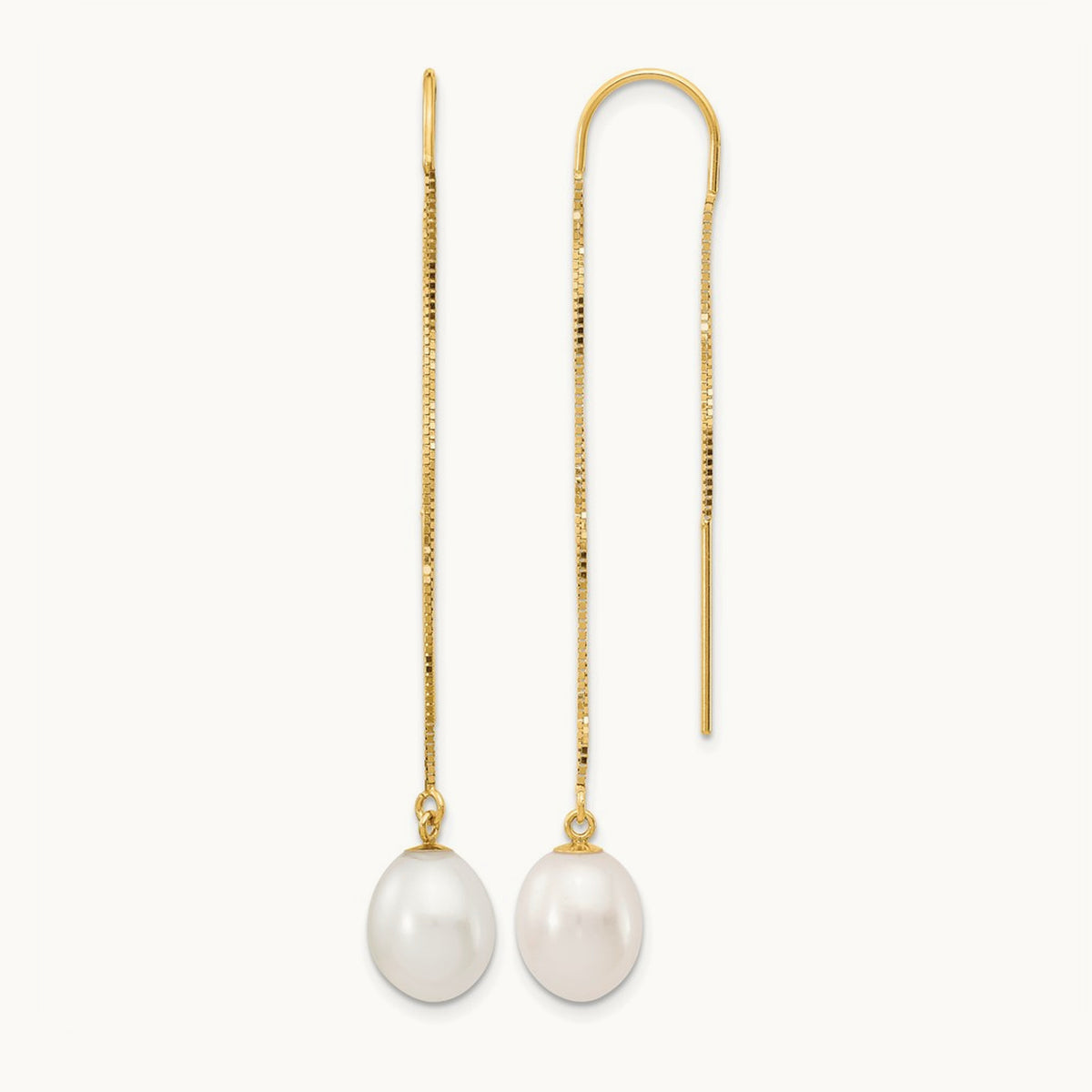 7- White Rice FW Cultured Pearl Box Chain Threader Earrings, 14K