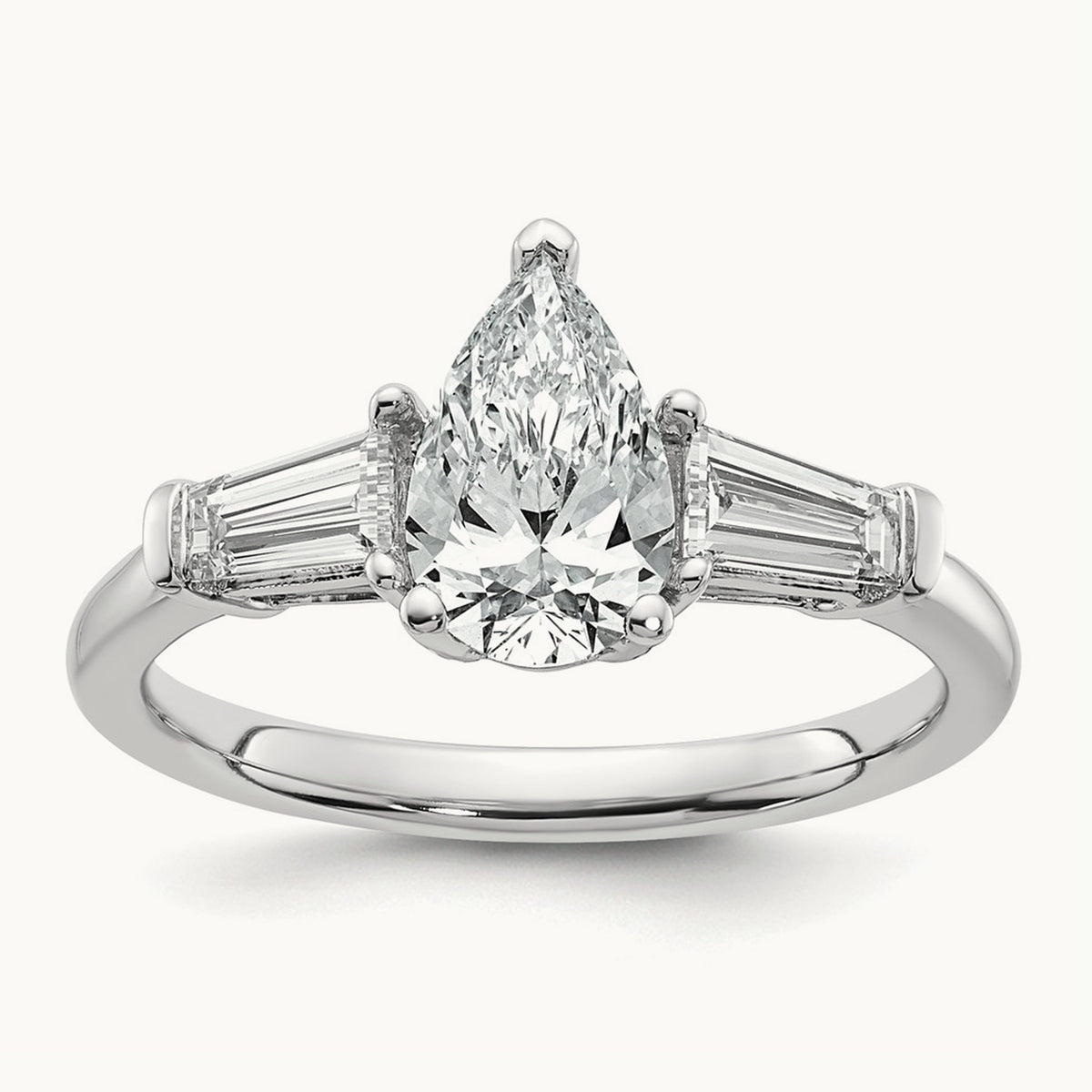 Pear/Baguette Engagement Ring — 14K White Gold, 1 1/2 ct, 7