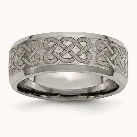 Brushed & Polished Celtic Laser Design Beveled Edge Band — photo set