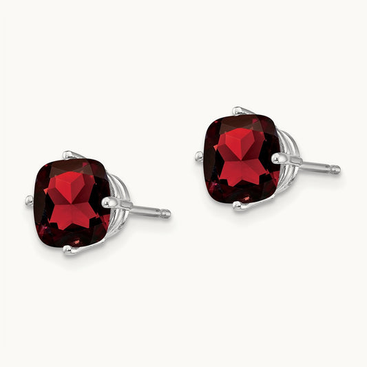 7x7mm Cushion Garnet Checker Earring, 14K White Gold