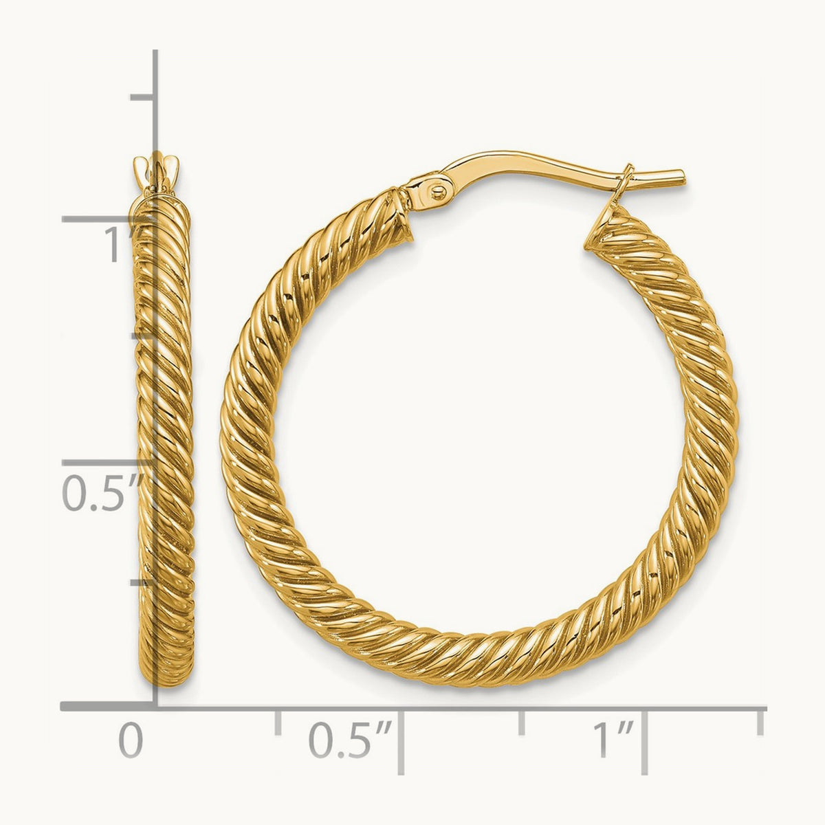 Twisted Round Hoop Earrings — 14K Yellow Gold, 3x26mm