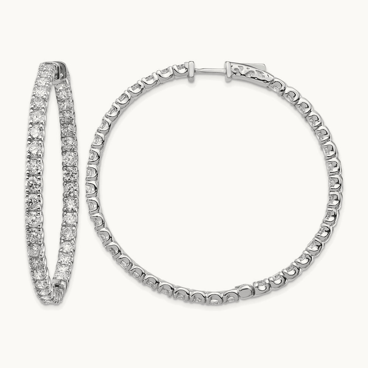 Diamond Round Hoop w/Safety Clasp Earrings, 14K White Gold