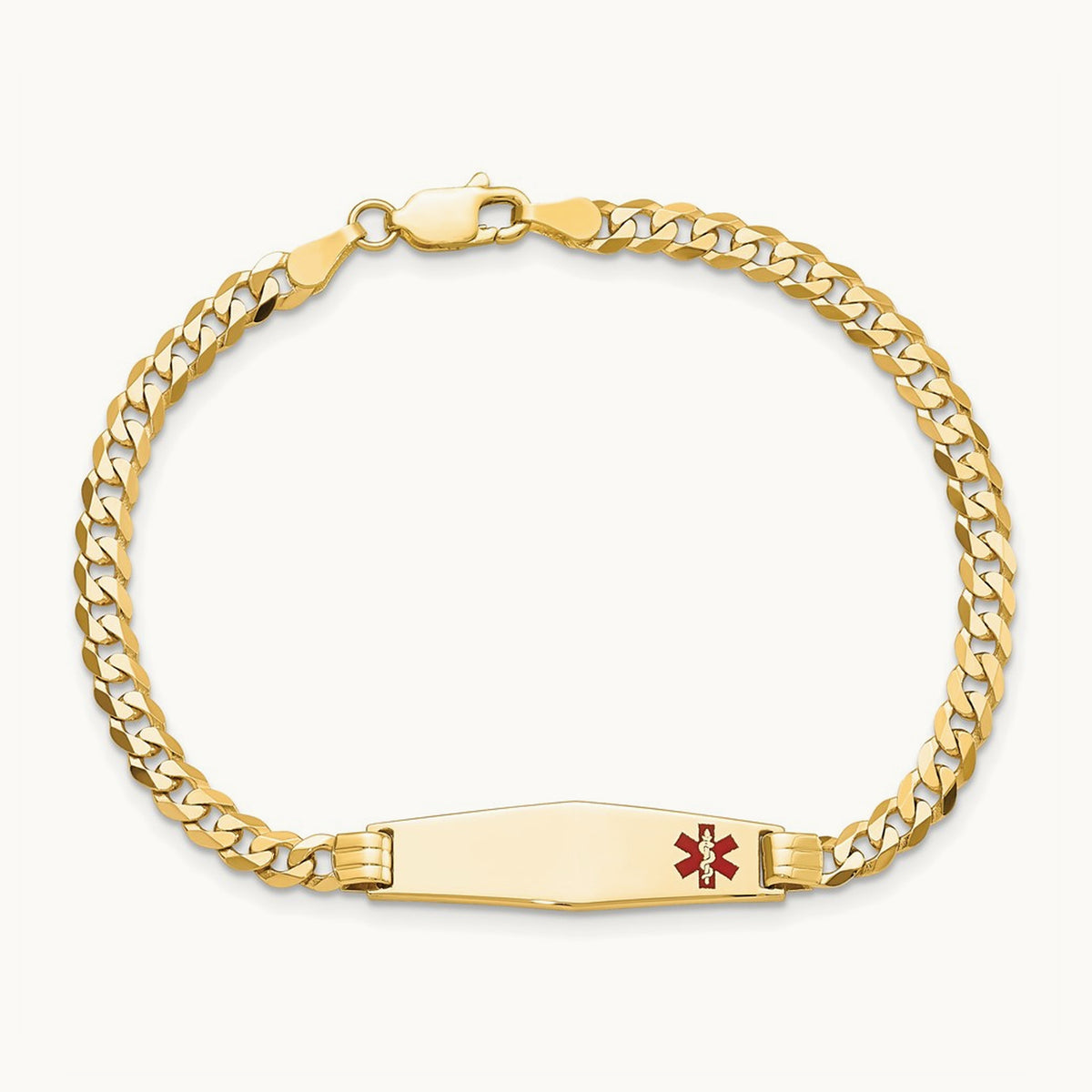 Medical Soft Diamond Shape Red Enamel Curb Link ID Bracelet, 14K