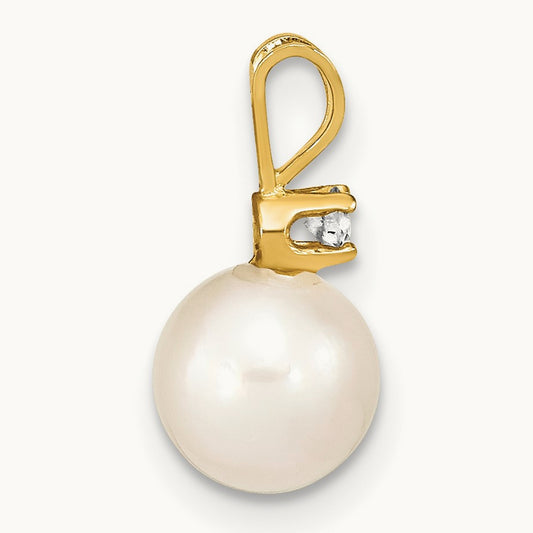 7- Round White Saltwater Akoya Cultured Pearl Diamond Pendant, 8mm, 14K
