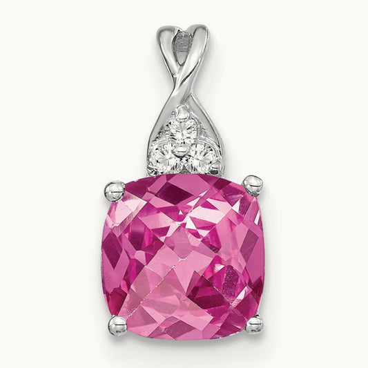 Checkerboard Created Pink Sapphire and Diamond Pendant, 14K White Gold