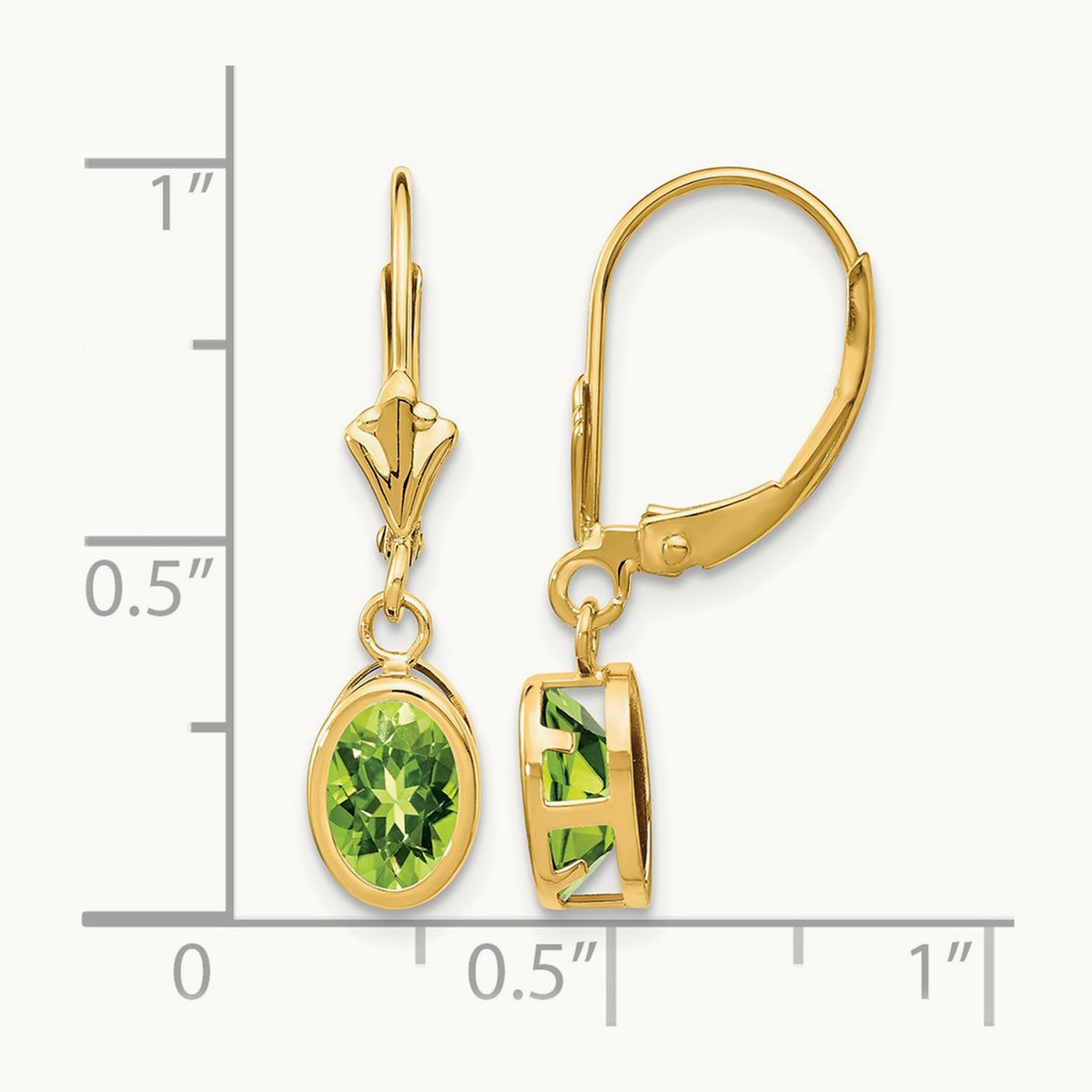 Oval Peridot Leverback Earrings — 14K Yellow Gold, 27mm, 7x5mm