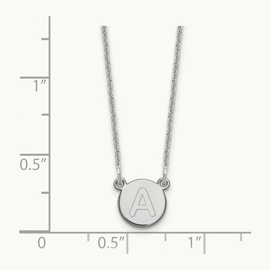 Tiny Circle Block Initial Necklace — 14K White Gold, A