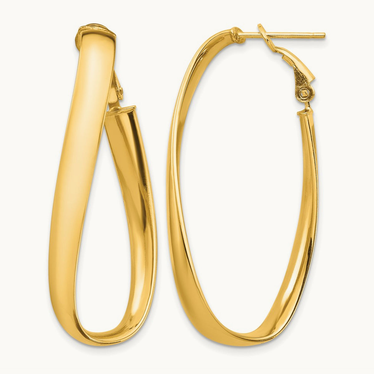 Polished Twisted Omega Back Oval Hoop Earrings — 14K Yellow Gold, 5mm