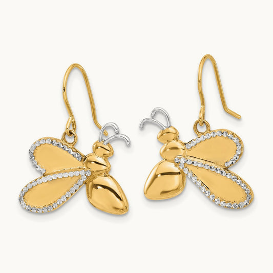D/C Bee Dangle Earrings, 14K with White Rhodium