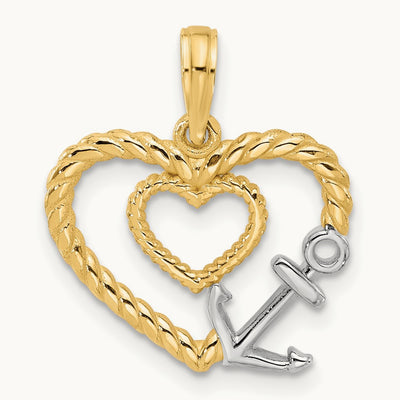 Fancy Rope Heart and Anchor Charm, 14K with Rhodium