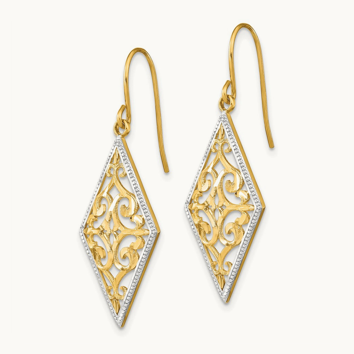 w/Rhodium Diamond Shape Filigree Dangle Earrings, 14K