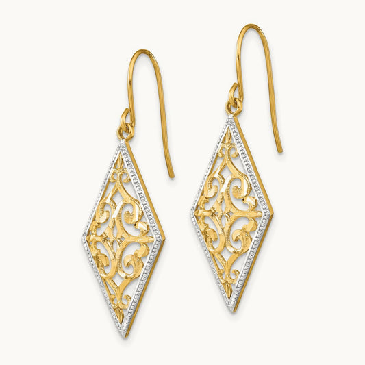 w/Rhodium Diamond Shape Filigree Dangle Earrings, 14K