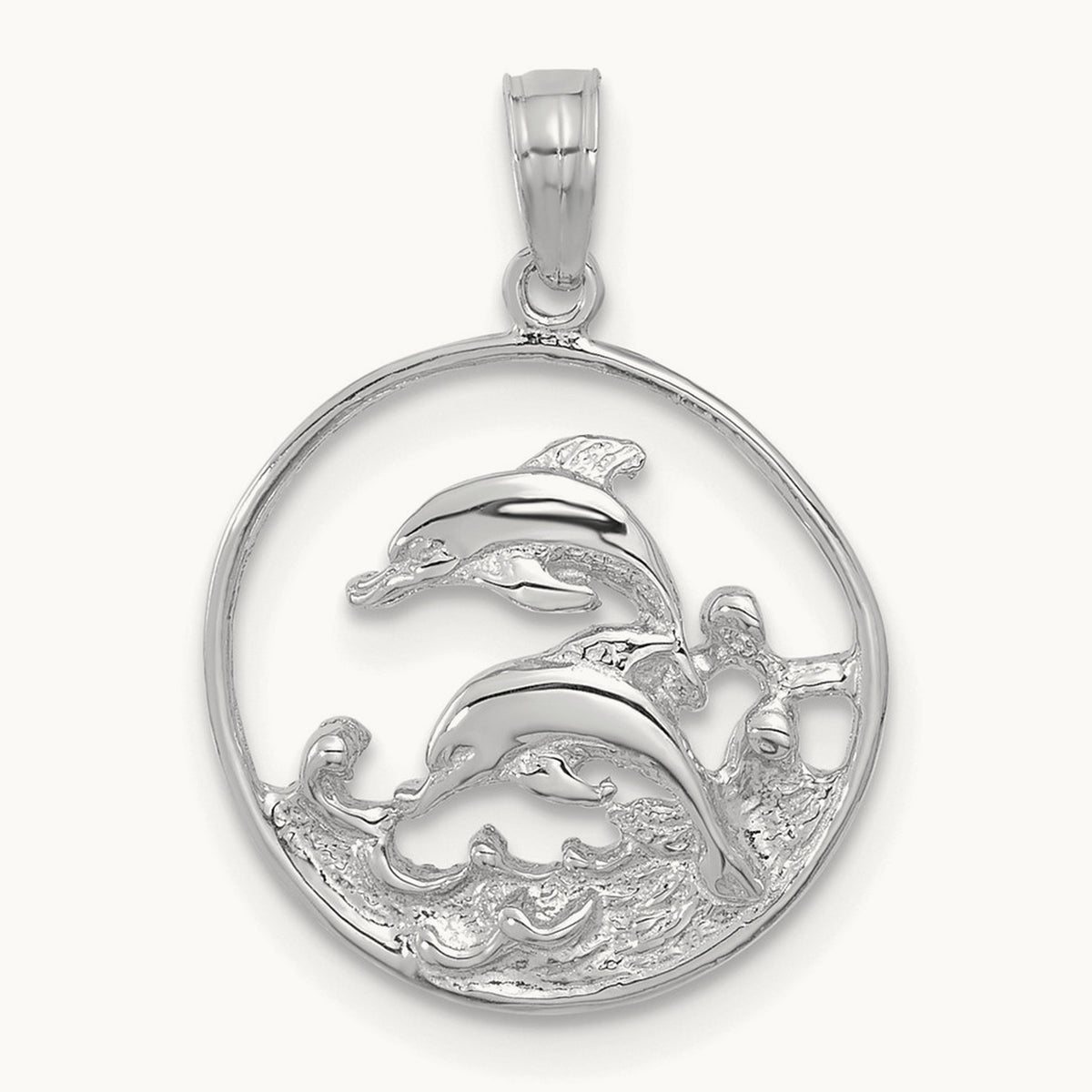 Double Dolphin Circle Pendant — 14K White Gold