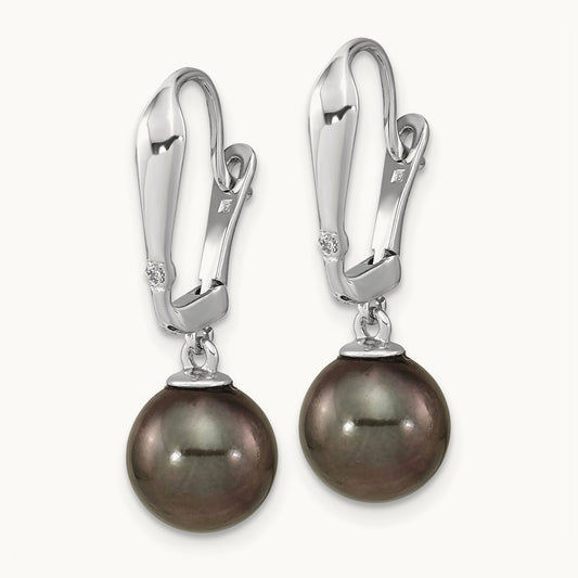 WG 9- Round Black Saltwater Tahitian Pearl .02ct Dia. Dangle Earrin, 10mm, 14K