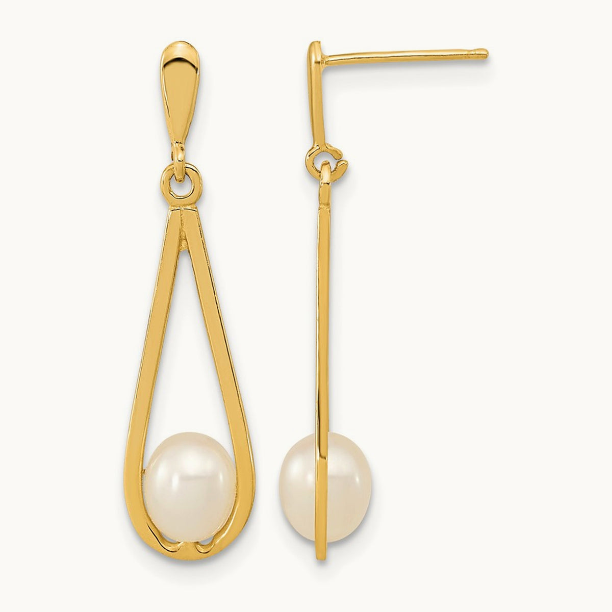 5- White Rice Freshwater Cultured Pearl Post Dangle Earrings, 6mm, 14K