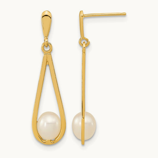 5- White Rice Freshwater Cultured Pearl Post Dangle Earrings, 6mm, 14K
