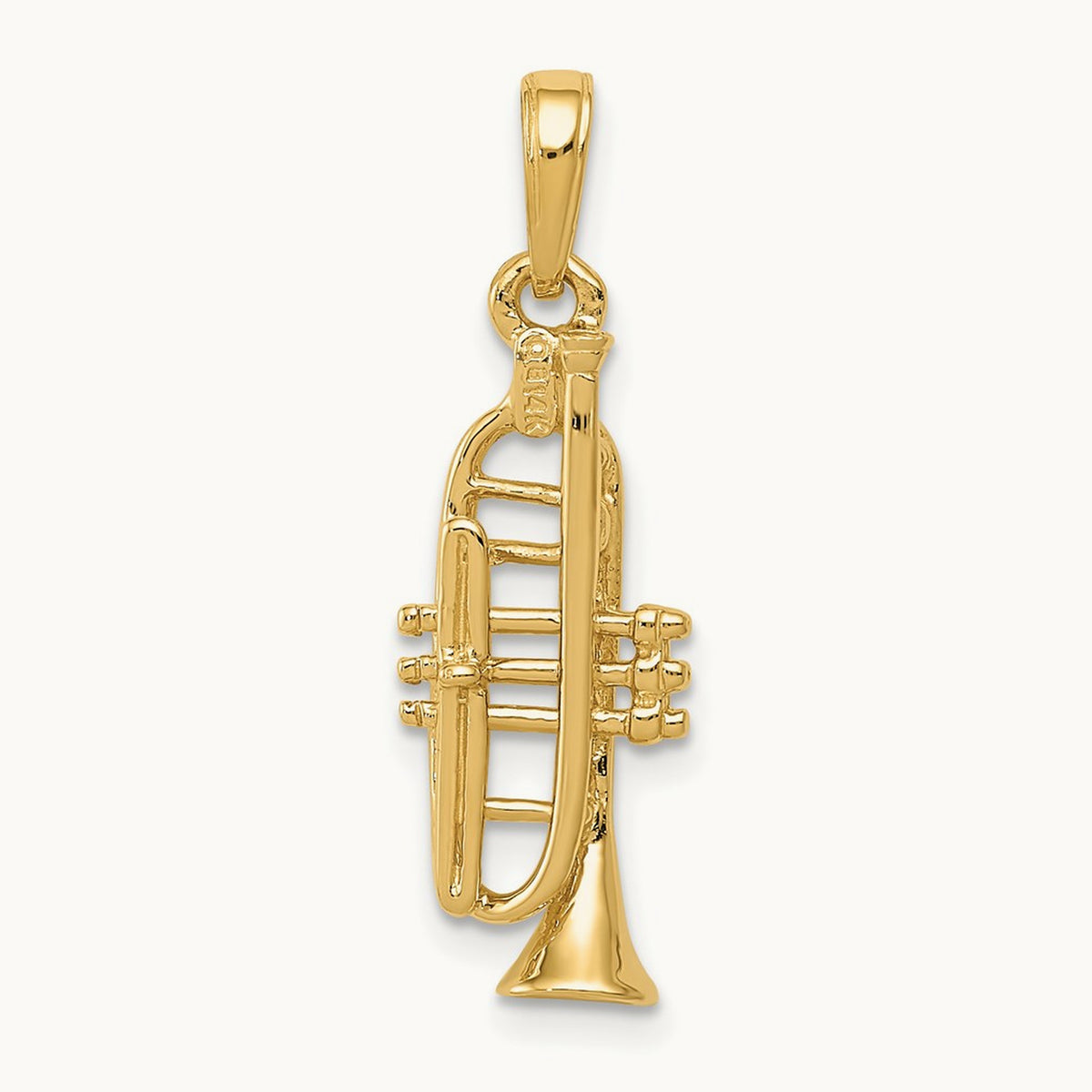 Solid Polished 3-D Trumpet Pendant — 14K Yellow Gold