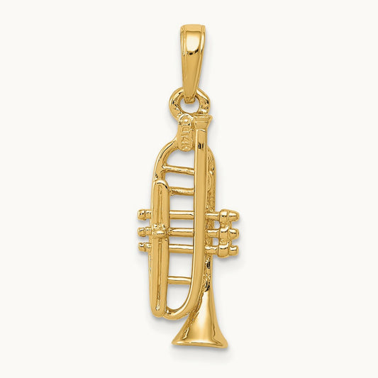 Solid Polished 3-D Trumpet Pendant — 14K Yellow Gold