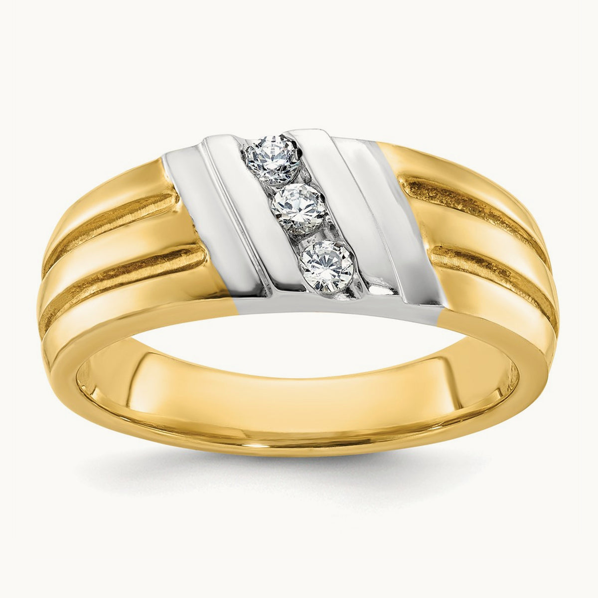 14ktt IBGoodman Men's Polished and Grooved 3-Stone Diamond Ring