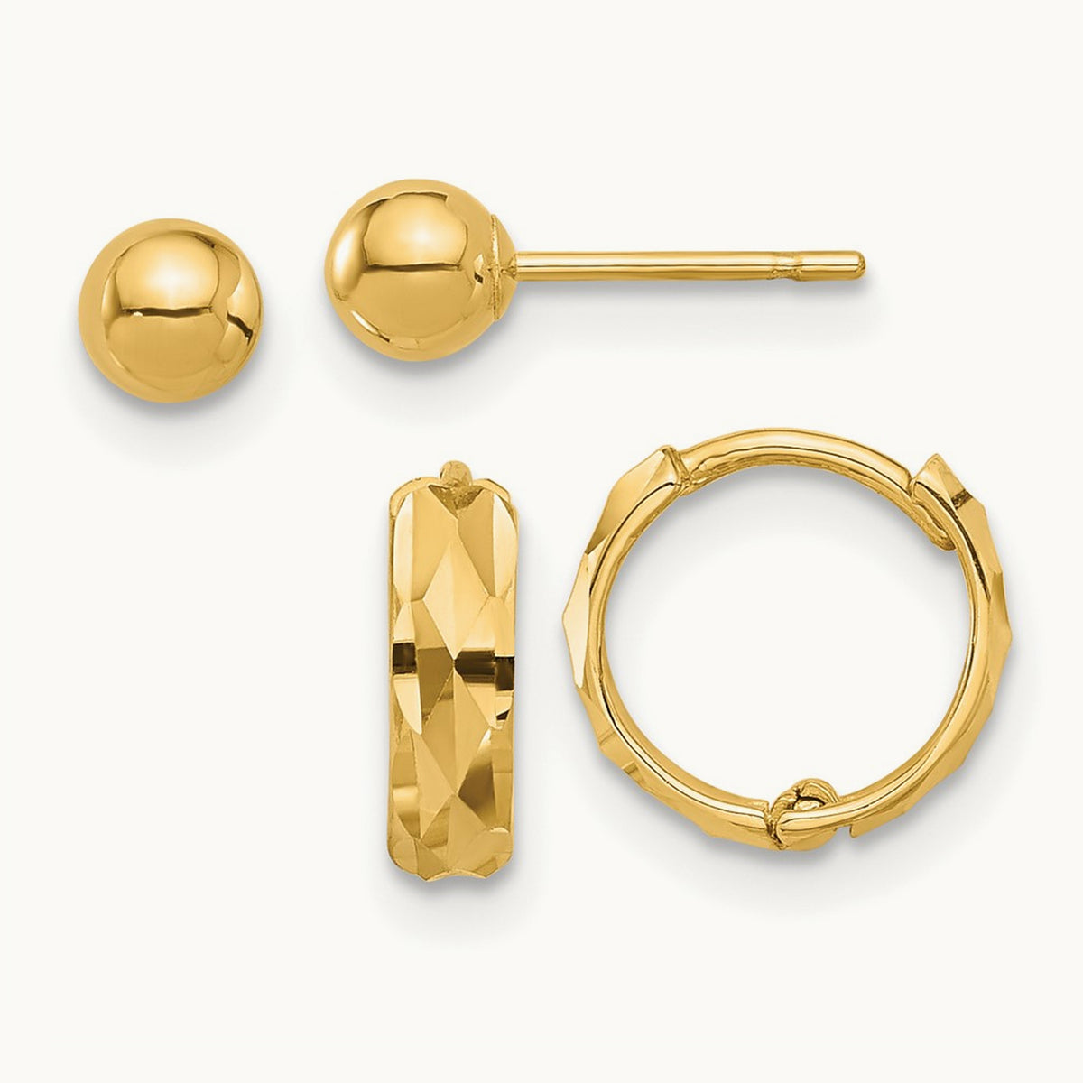 Polished Ball and Diamond Cut Hoop Set, 4mm, 14K