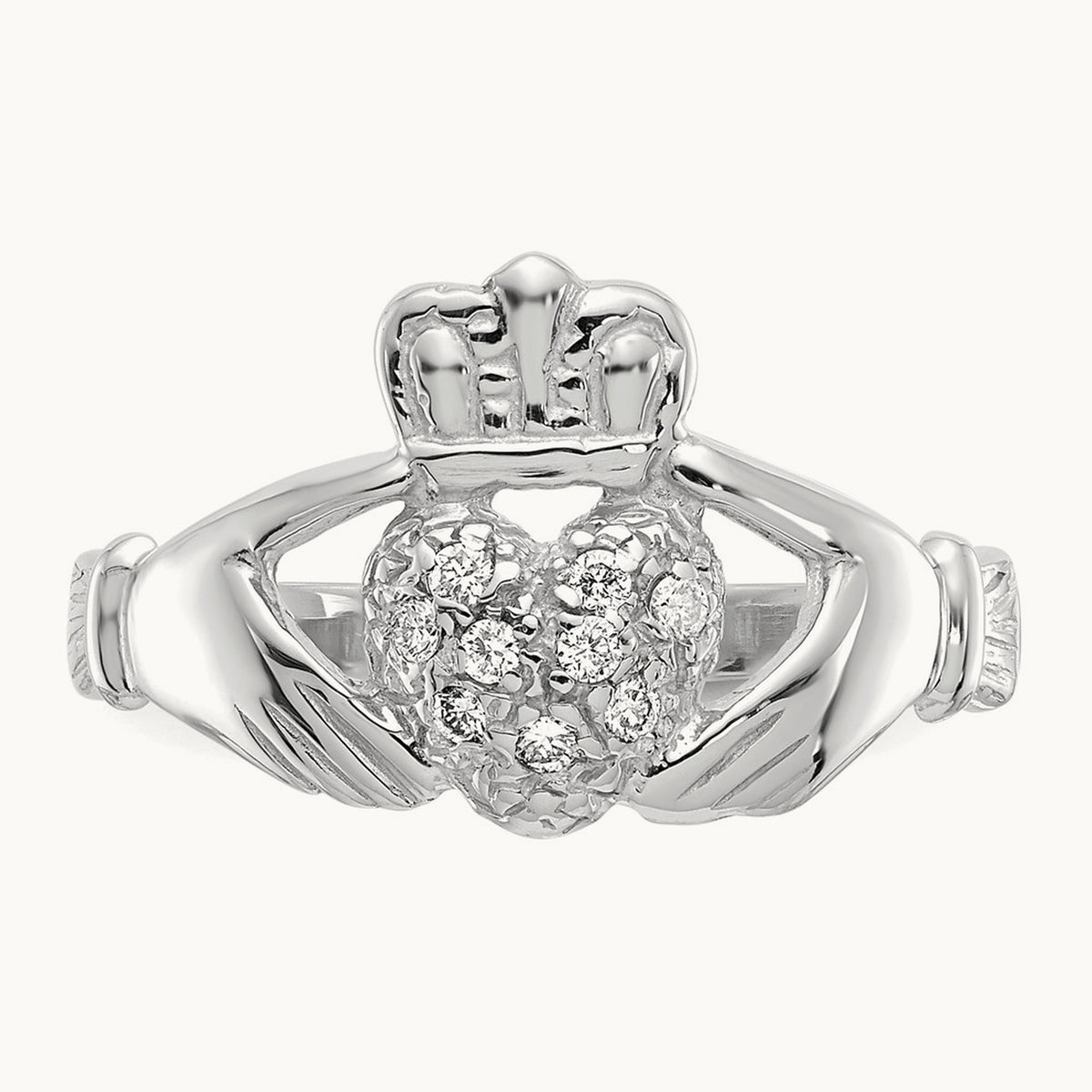 Diamond Claddagh Ring — 14K White Gold