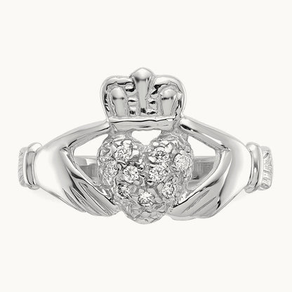 Diamond Claddagh Ring — 14K White Gold