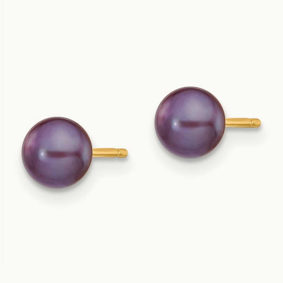 Black Button Freshwater Cultured Pearl Stud Post Earrings — 14K Yellow Gold