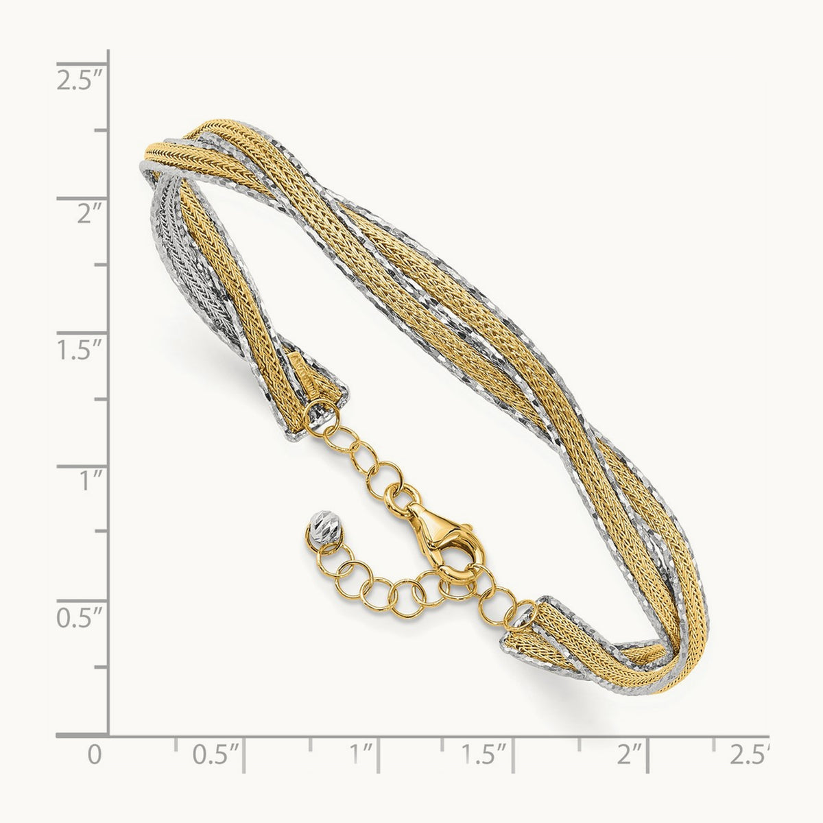 Dia-cut and Textured Braided with Safety Chain Bangle, 14K Two-tone