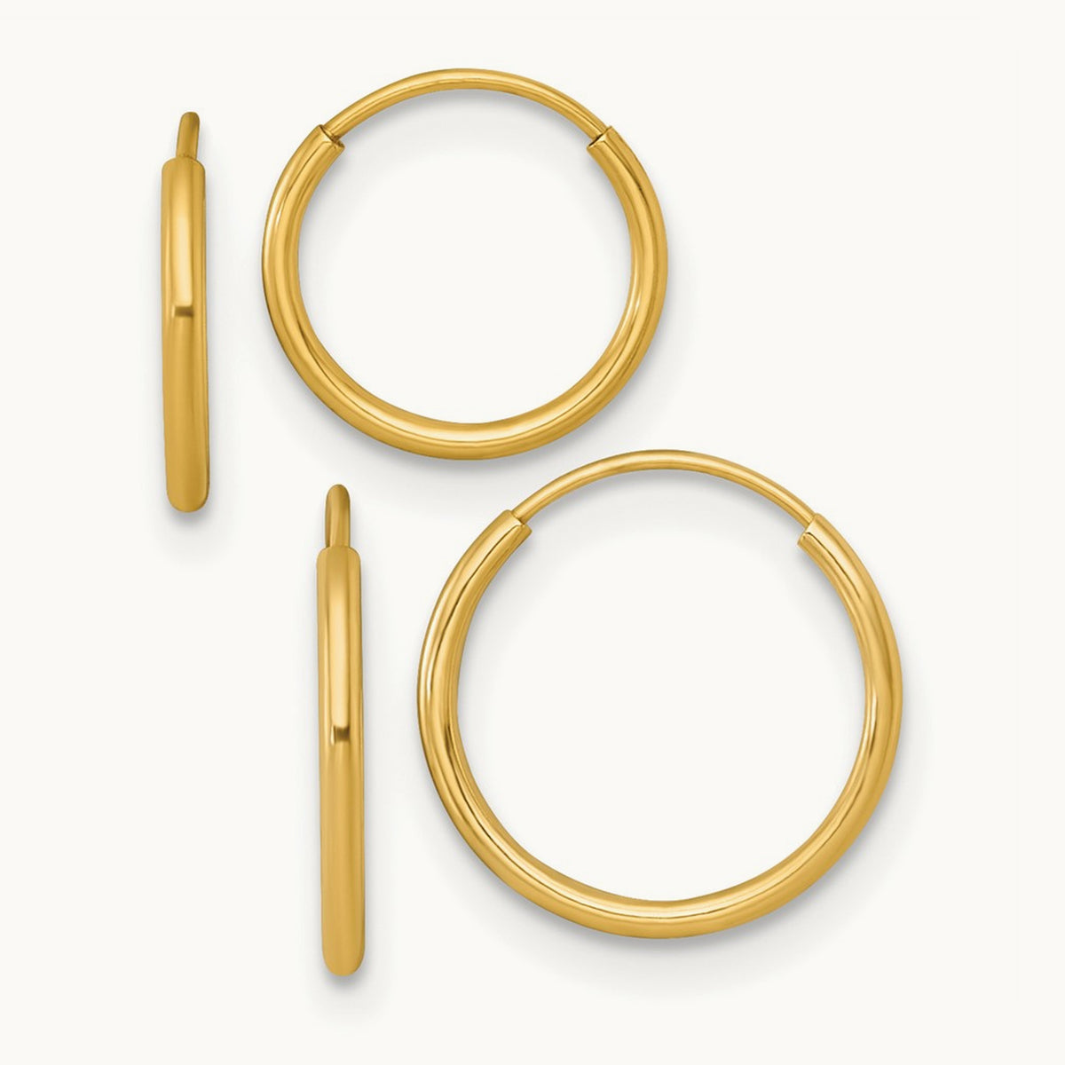 Polished Set of Two Pairs Endless Hoop Earrings, 1mm, 14K