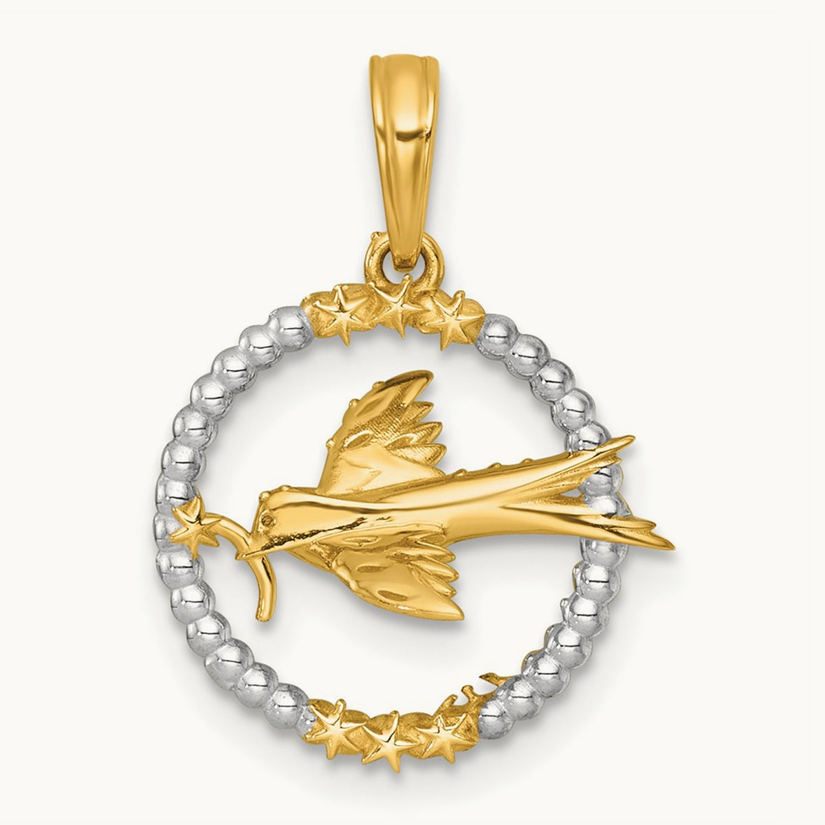 Polished Flying Bird In Circle With Stars Charm, 14K with White Rhodium