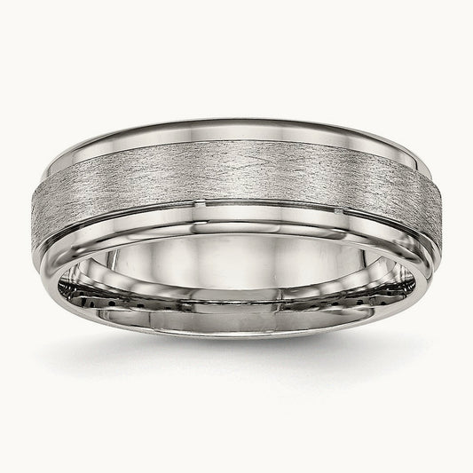 Brushed and Polished Ridged Edge Band, 7mm, Stainless Steel