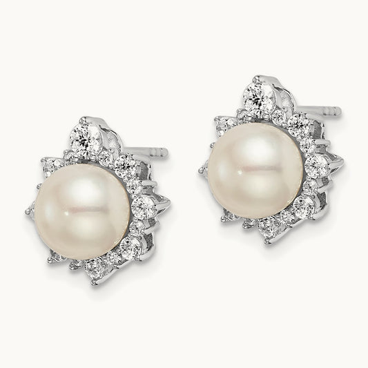Freshwater Cultured Pearl Post Earrings, 0.50 ct tw Lab-Grown Diamond