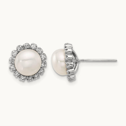 7- Button White FWC Pearl and .28ct Dia Post Earrings, 8mm, 14K White Gold