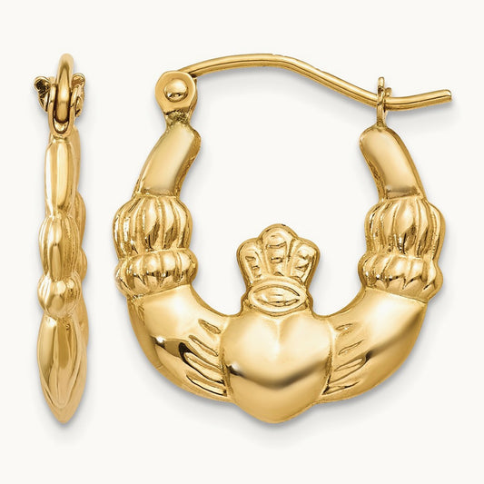 Polished Claddagh Hoop Earrings, 14K