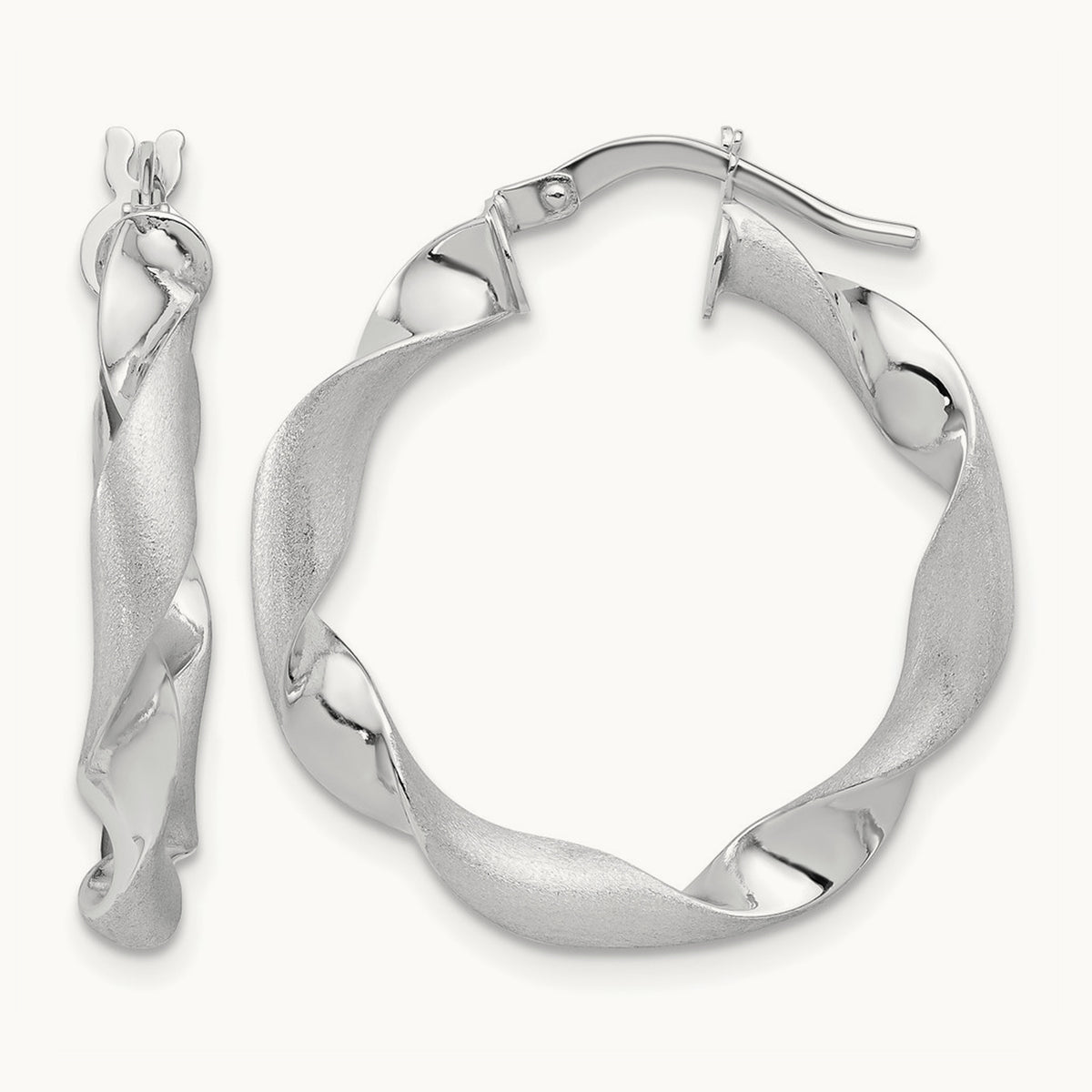 Polished and Brushed Twisted Hoop Earrings — 14K White Gold, 26.5mm