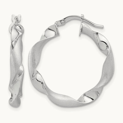 Polished and Brushed Twisted Hoop Earrings — 14K White Gold, 26.5mm