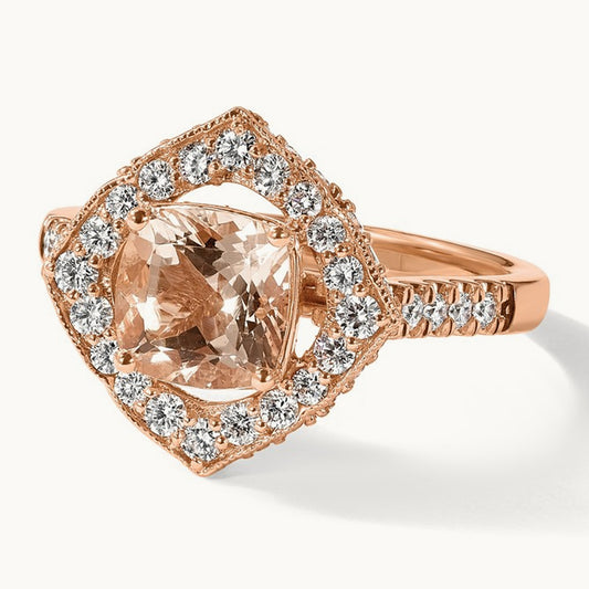 Morganite Diamond Halo Complete Engagement Ring, 14K Rose Gold