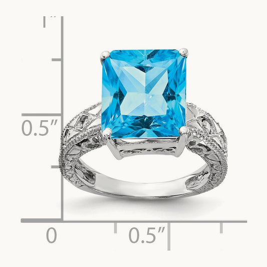 12x10mm Emerald Cut Blue Topaz AAA Diamond ring, 14K White Gold