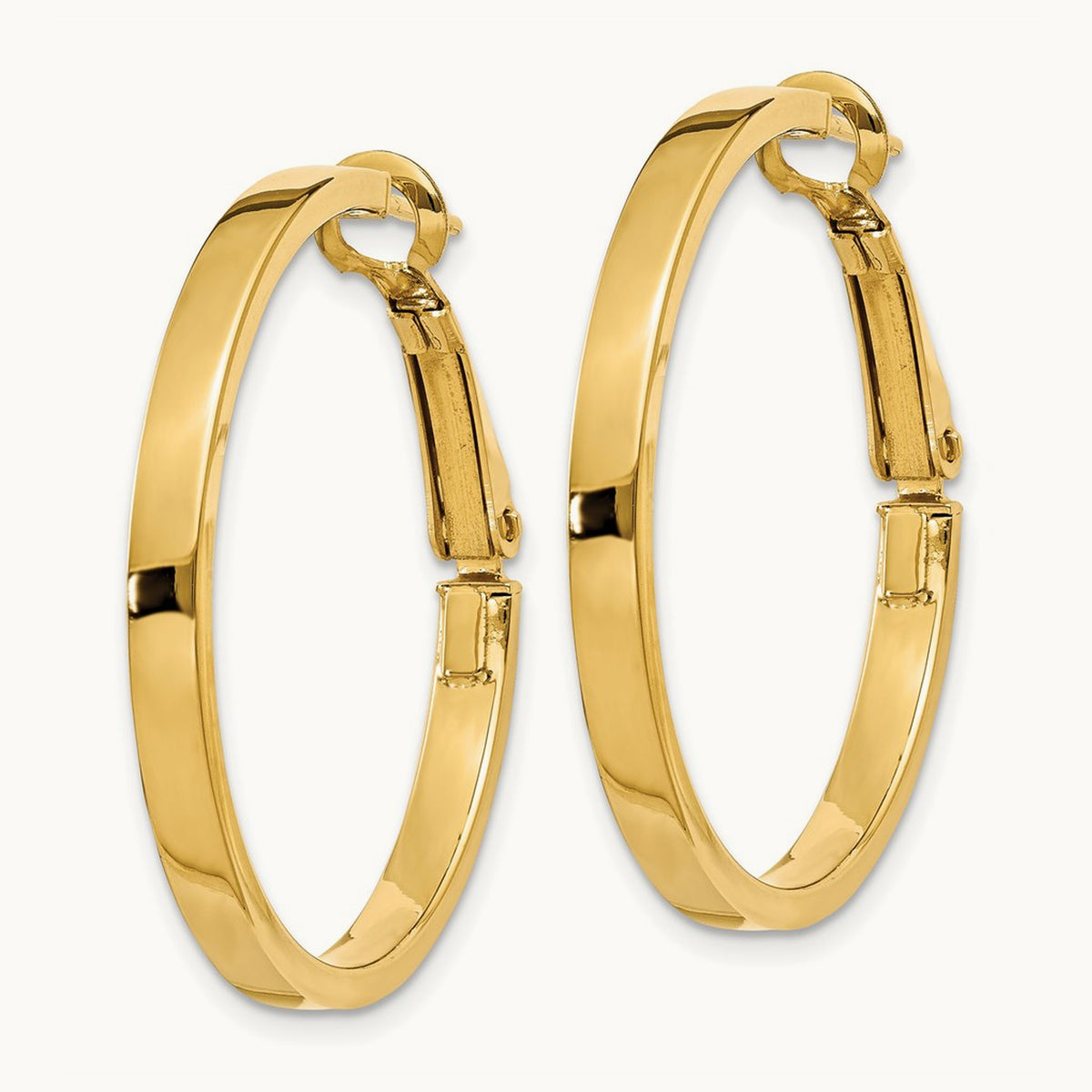 Polished Square Tube Round Hoop Earrings — 14K Yellow Gold, 3x30mm