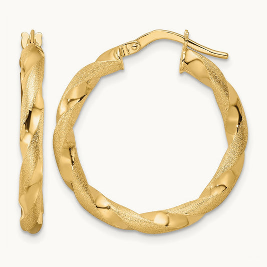 Brushed and Polished Twisted Hoop Earrings, 14K