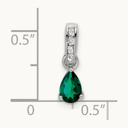 Pear Created Emerald and Lab-Grown Diamond Pendant — 14K White Gold