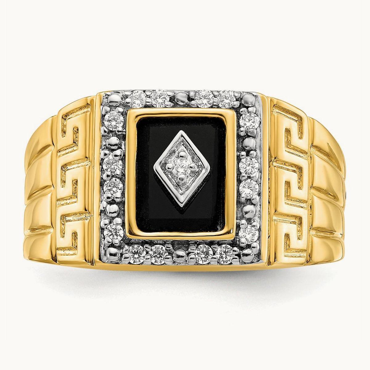 Onyx and Diamond Greek Key Design Mens Ring, 14K