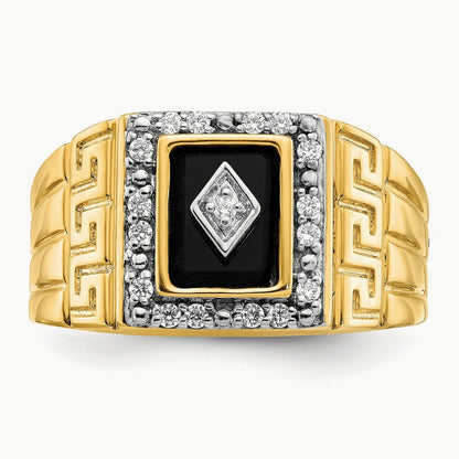 Onyx and Diamond Greek Key Design Mens Ring, 14K