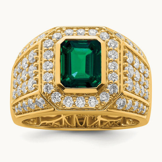 And Created Emerald Men's Ring, 2.00 ct tw Lab-Grown Diamond