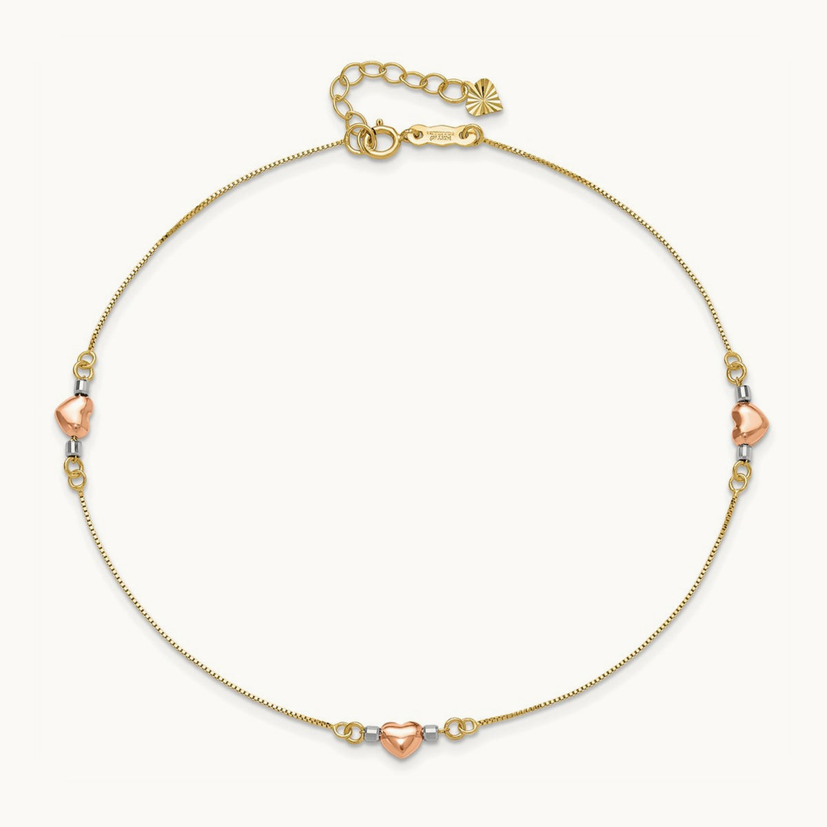 Tri-Color Puffed Heart 10in Plus 1in ext Anklet, 14K
