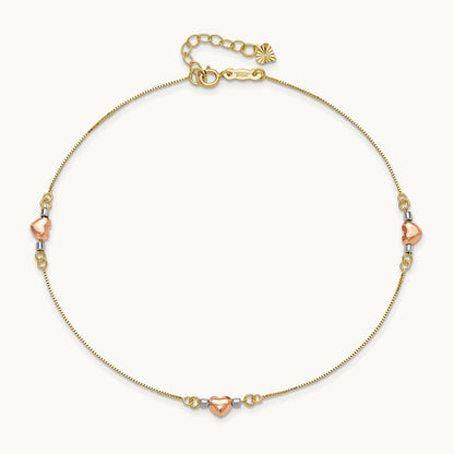 Tri-Color Puffed Heart 10in Plus 1in ext Anklet, 14K