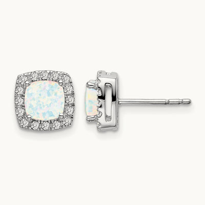 Cushion Created Opal and Diamond Halo Earrings, 14K White Gold
